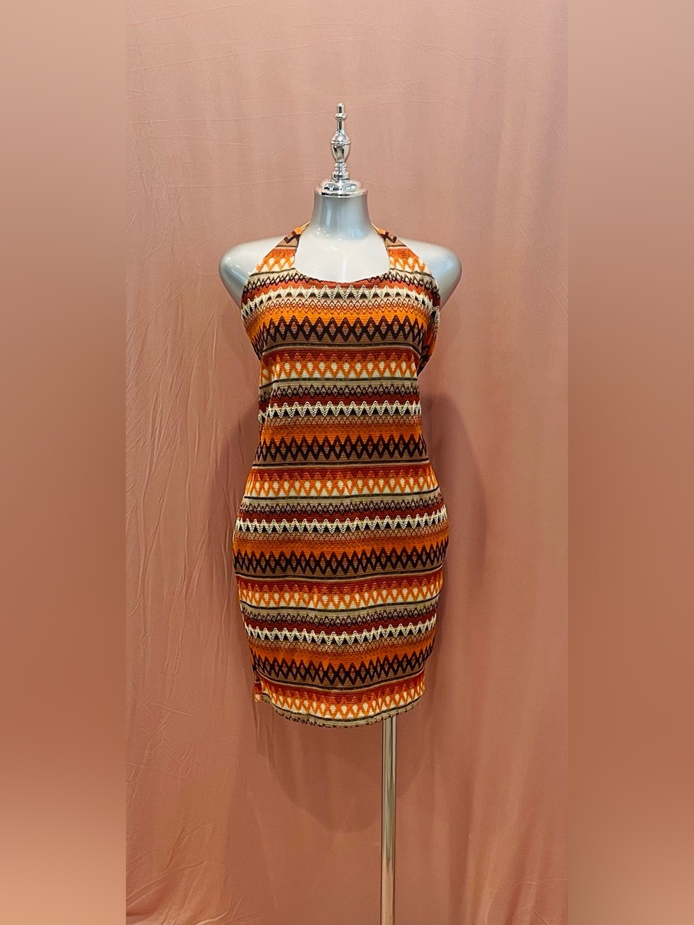 SHEIN Vacay Sleeveless Halter Bodycon Dress in Orange Tribal Stripe